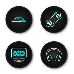 Set line Headphones, Skateboard, Longboard or skateboard and park icon. Vector