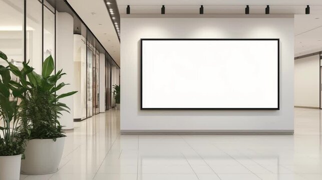 Large blank mockup billboard mounted on wall in modern shopping mall white tiled floors potted plants and track lighting	