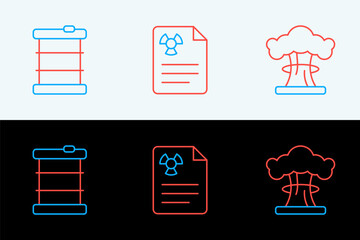 Set line Nuclear explosion, Radioactive waste in barrel and Radiation warning document icon. Vector