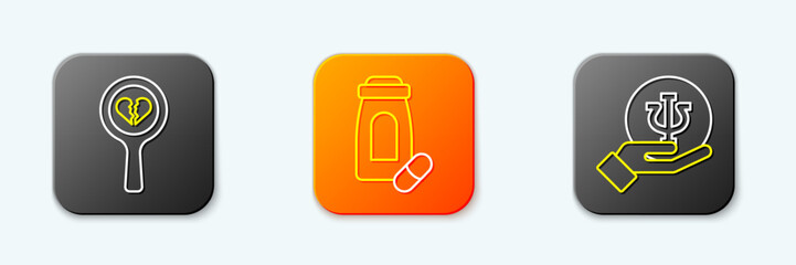 Set line Broken heart or divorce, Sedative pills and Psychology, Psi icon. Vector