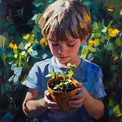 Child learning to care for plants with a flowerpot