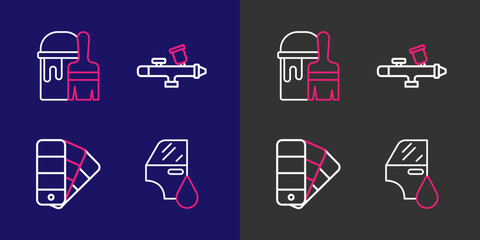 Set line Car painting, Color palette guide, Paint spray gun and bucket with brush icon. Vector