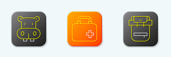 Set line Hippo or Hippopotamus, First aid kit and Hiking backpack icon. Vector