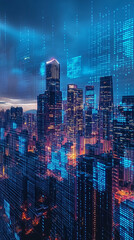 Fototapeta premium Futuristic city skyline with digital graphs and glowing lights at night