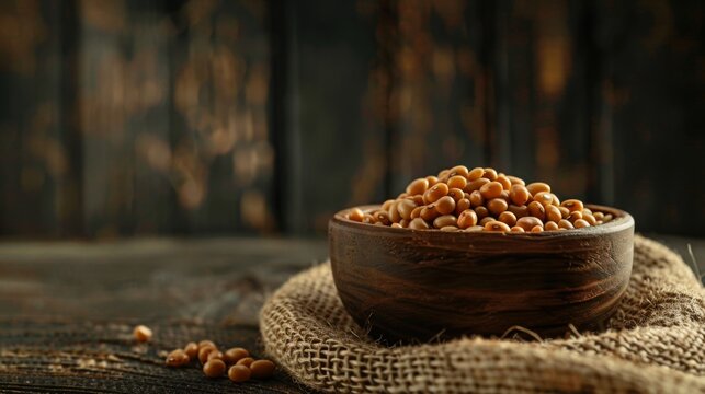 Wooden bowl of beans on burlap, symbolizing vegan protein sources.