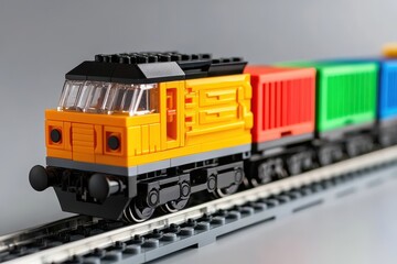 Obraz premium Colorful Building Blocks Train Model on Gray Background for Creative Play or Decoration