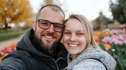 Fototapeta premium Happy Couple Selfie Autumn Park Flowers