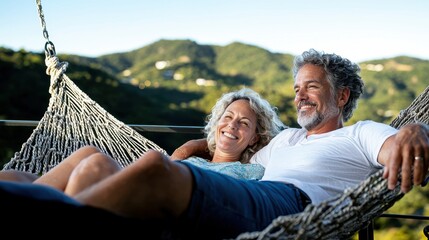 Happy Senior Couple Relaxing in Hammock, Mountain View