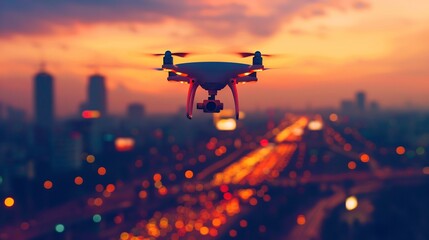 Drone Flight Over City at Sunset