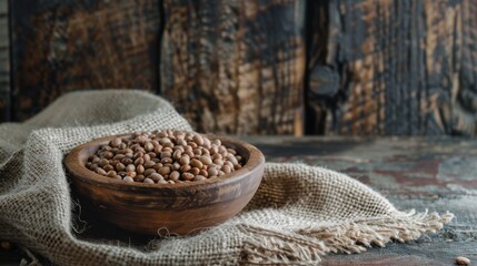 Wooden bowl of beans on burlap, symbolizing vegan protein sources.