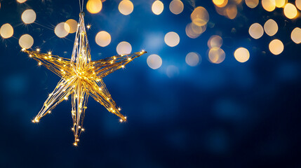 Radiant Golden Star in Midnight Blue Sky with Sparkling Lights