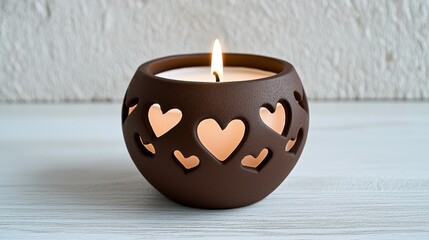 Lit Heart Candle in Brown Holder, Romantic