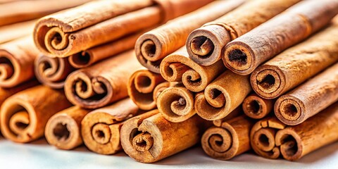 Close-up Composition of Cinnamon Sticks on a Clean White Background Highlighting Texture and Detail in a Natural Setting Perfect for Culinary and Aromatherapy Uses