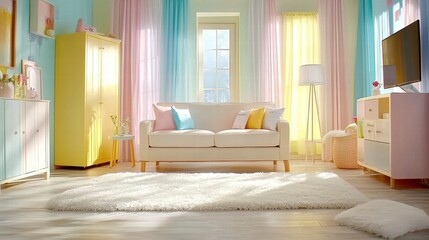 Sunny Pastel Living Room Interior with White Sofa and Fluffy Rug.