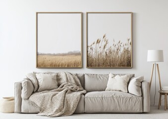 Two framed nature photographs of tall grasses and a field hang above a beige sofa in a minimalist living room.