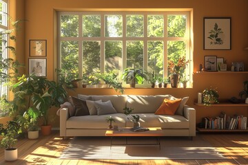 modern living room with mocha-colored walls, a sofa and coffee table in the center of the space, a...