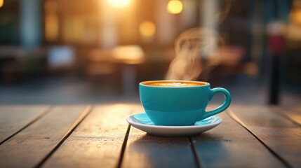 Morning Coffee Cup with Latte Art on Wooden Table