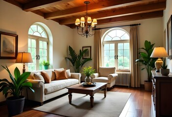 Fototapeta premium A cozy and rustic living room with wooden beams on the ceiling, arched windows, and a chandelier.