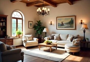 Fototapeta premium A cozy and rustic living room with wooden beams on the ceiling, arched windows, and a chandelier.