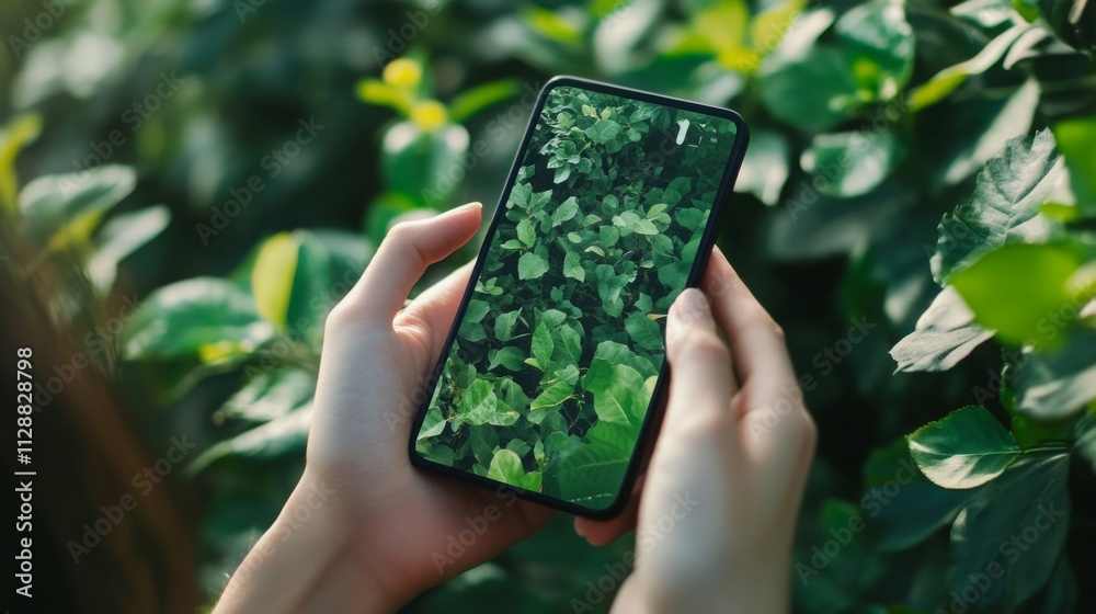 Poster a person holds a smartphone displaying a close-up of green leaves while surrounded by lush greenery,