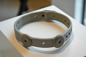 Obraz premium A grey medical device, possibly a wearable sensor, rests on a white surface.