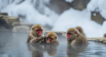 Naklejka premium Snow monkeys relaxing in a hot spring amidst winter landscape in japan