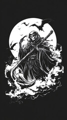 Scary horror grim reaper with scythe angle of death background