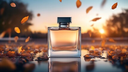 A luxurious fragrance bottle glowing against a backdrop of twilight skies and falling leaves