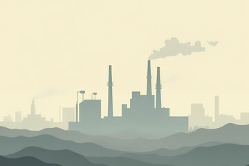 Fototapeta premium Silhouetted industrial complex with smokestacks against a hazy background