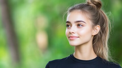 Fototapeta premium Young Woman Walking Along Serene Forest Path at Dusk