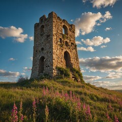 "A crumbling tower on a grassy hill surrounded by wildflowers under a vivid, sunny sky."