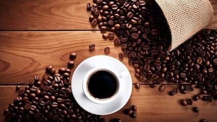 Naklejka premium Cup coffee beans wooden