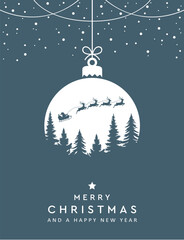 christmas greeting card with hanging ball decoration and flying santa vector illustration