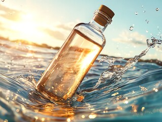 Abstract summerthemed bottle surrounded by swirling water waves and sunlight reflections