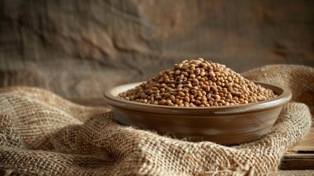 Wooden bowl of beans on burlap, symbolizing vegan protein sources.