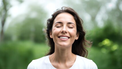 Close up of happy young Caucasian woman isolated on blurred background dream visualize with eyes closed. Smiling dreamy female breathe fresh air relieve negative