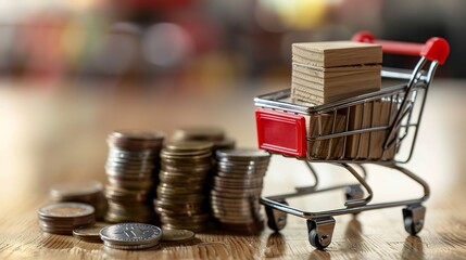 Shopping Cart with Wooden Block and Coins: A Visual Metaphor for Cost of Goods