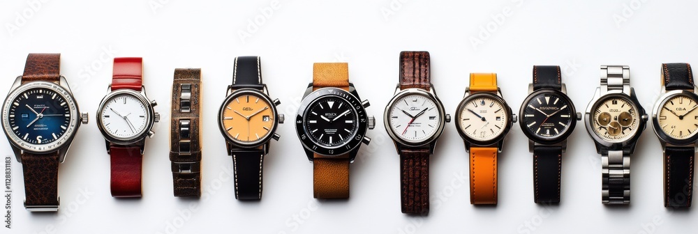 Aufkleber Various wristwatch designs displayed side by side on a minimalistic background emphasize the art of timekeeping and style. Generative AI