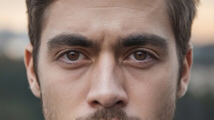 Obraz premium Close-Up Portrait of a Man with Deep Brown Eyes, Capturing His Focused and Intense Expression Along with Detailed Facial Features on a Simple Isolated Background Sharp and Intense Closeup of Eyes