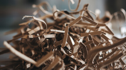 Fototapeta premium A close-up of a messy pile of brown kraft paper shreds, showcasing intricate textures and shadows under soft natural light.