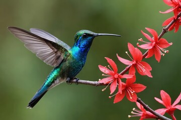 Obraz premium A female Blue-chinned Sapphire hummingbird (Chlorestes notata) perching on a branch with red flowers. Peaceful picture of hummingbird and flowers. Tropical bird in garden.