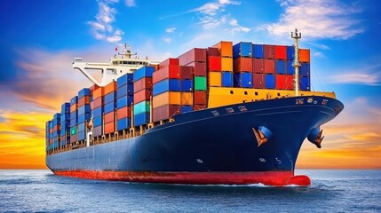 Fototapeta premium Vibrant Cargo Ship Navigating Through Ocean Under Colorful Sunset Sky