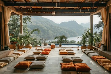 Fototapeta premium Serene mountain view from a covered patio with floor cushions.