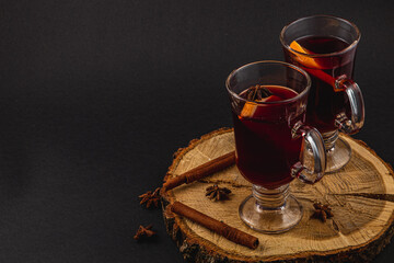 Warm fresh mulled wine with spices for a festive winter evening