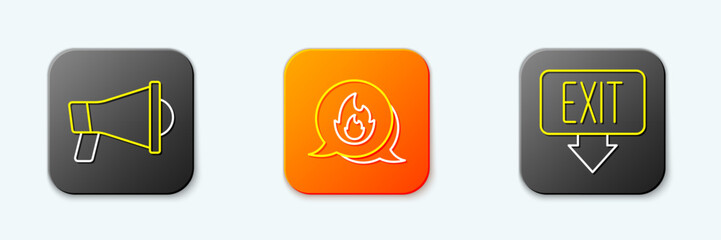 Set line Megaphone, Emergency call and Fire exit icon. Vector