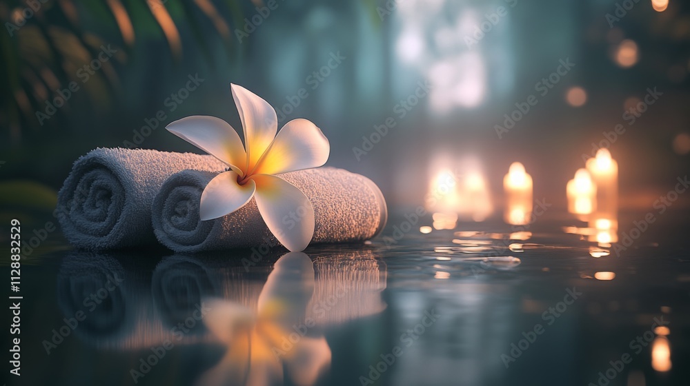 Poster Two rolled towels are elegantly placed by a tranquil water setting, adorned with a fragrant flower. Soft candlelight flickers in the background, creating a peaceful atmosphere for self-care.