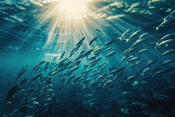 Fish in the ocean. A large school of fish swim in circles in the ocean.