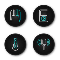 Set line Musical tuning fork, Guitar, player and Air headphones icon. Vector