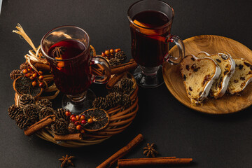 Warm fresh mulled wine with spices for a festive winter evening