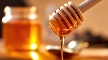 A close-up of honey dripping from a wooden dipper, capturing the golden hue and glistening texture, with a blurred jar of honey in the background.